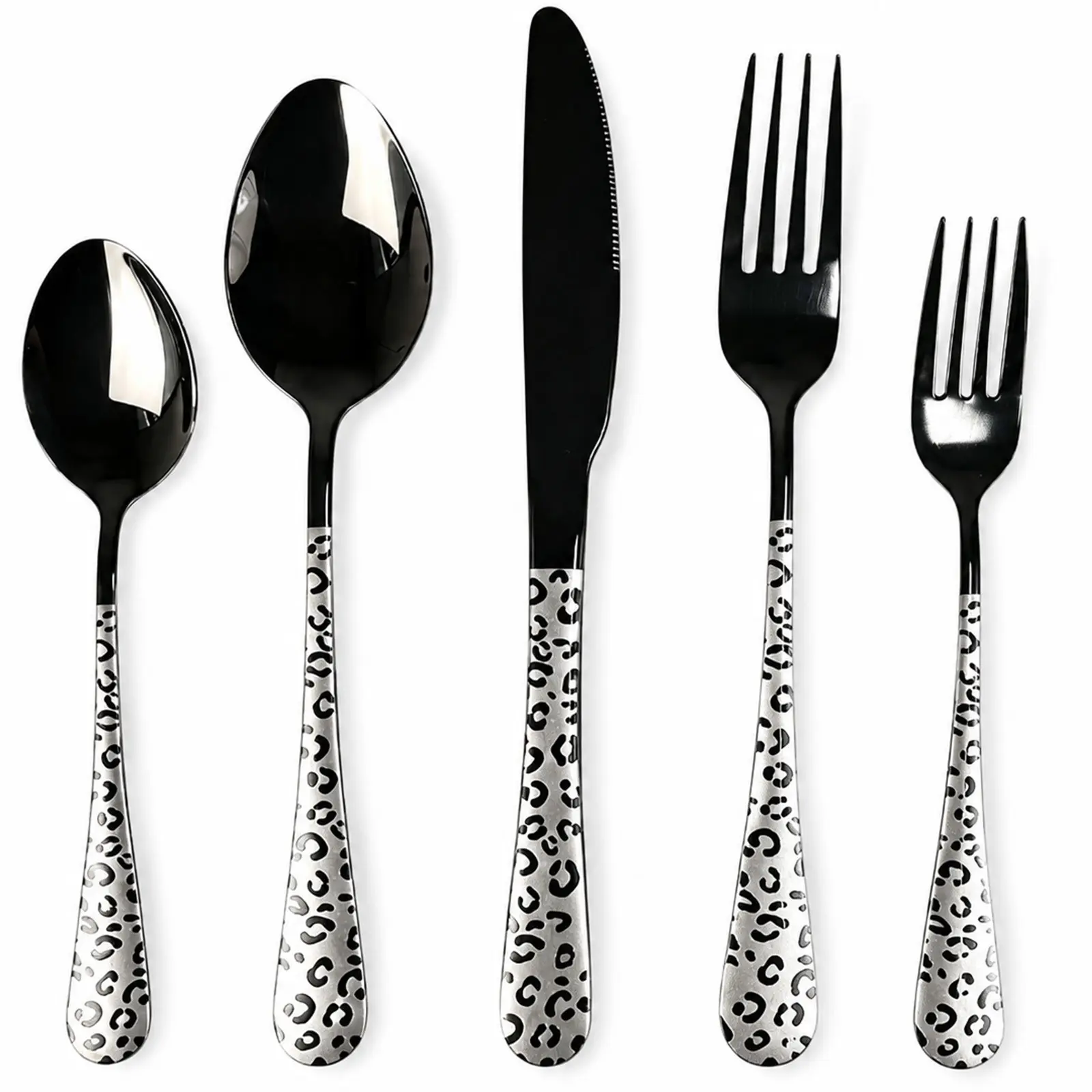 5-30 Piece Leopard Print Dinnerware Set, Stainless Steel Spoons Forks Knives, Dishwasher Safe, Mirror Polished, Tableware Set, Flatware Set