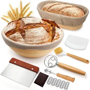 Sourdough Proofing Basket Gift Set 9" Round and 10" Oval Banneton Bread Baking Supplies with Bread Lame Danish Whish Bowl Scraper Sourdough Scraper and Linen Liner