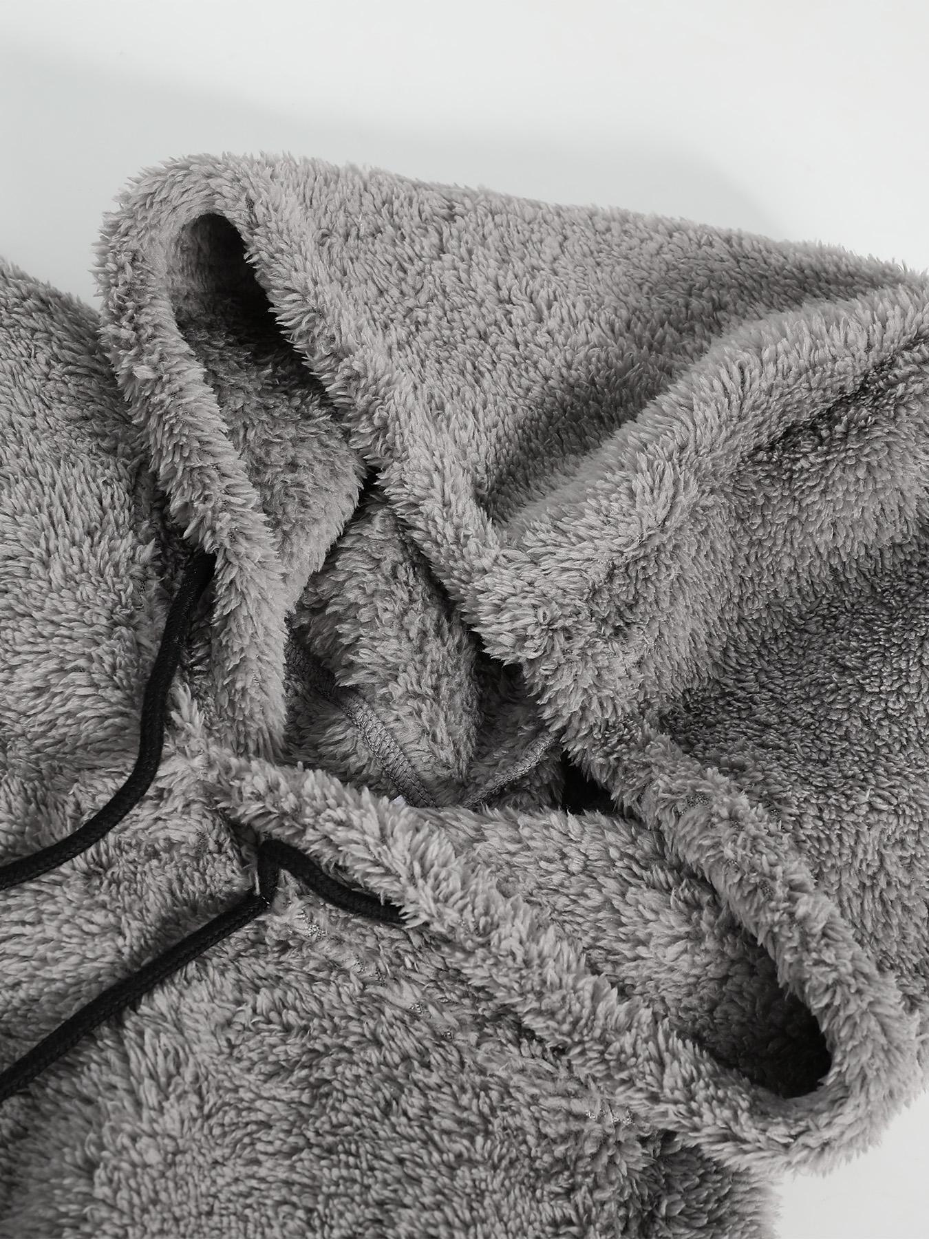 Men's Grey Drawstring Knit Hoodie & Pocket Shorts Plush Set, Regular Fit Casual Long Sleeve Hooded Sweatshirt & Shorts, Men's Fall & Winter Clothes