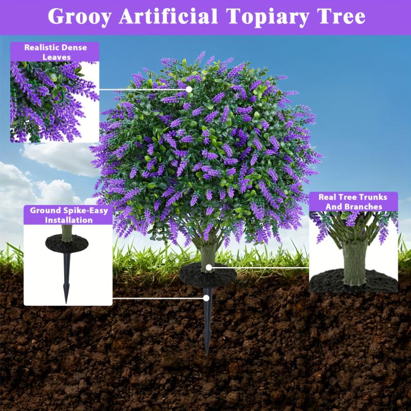 2 Pack Artificial Boxwood Topiary Ball with Lavender, Set Of 2 Artificial Shrub Bushes with Ground Spike, Fake Evergreen Tree for Porch, Artificial Plants for Outdoor Planters Indoor