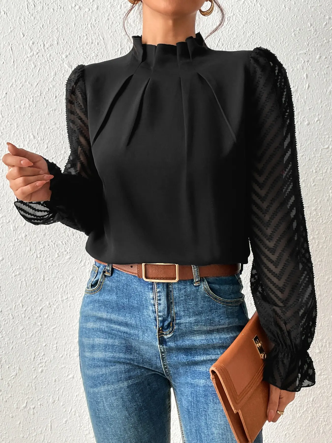 French Ruffle Neck Blouse, Long Sleeve Shirt, Elegant Chic Winter Top, Spring Autumn Style, Slim-Fitting Solid Pattern, All Seasons Wear