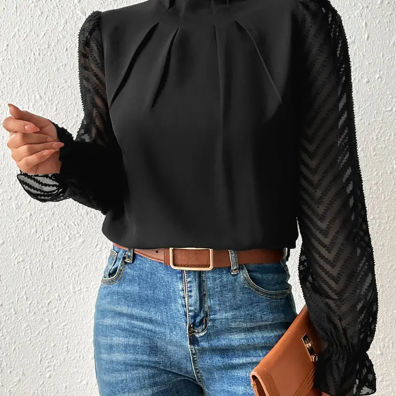 French Ruffle Neck Blouse, Long Sleeve Shirt, Elegant Chic Top, Slim Fit Solid Color, for All Seasons