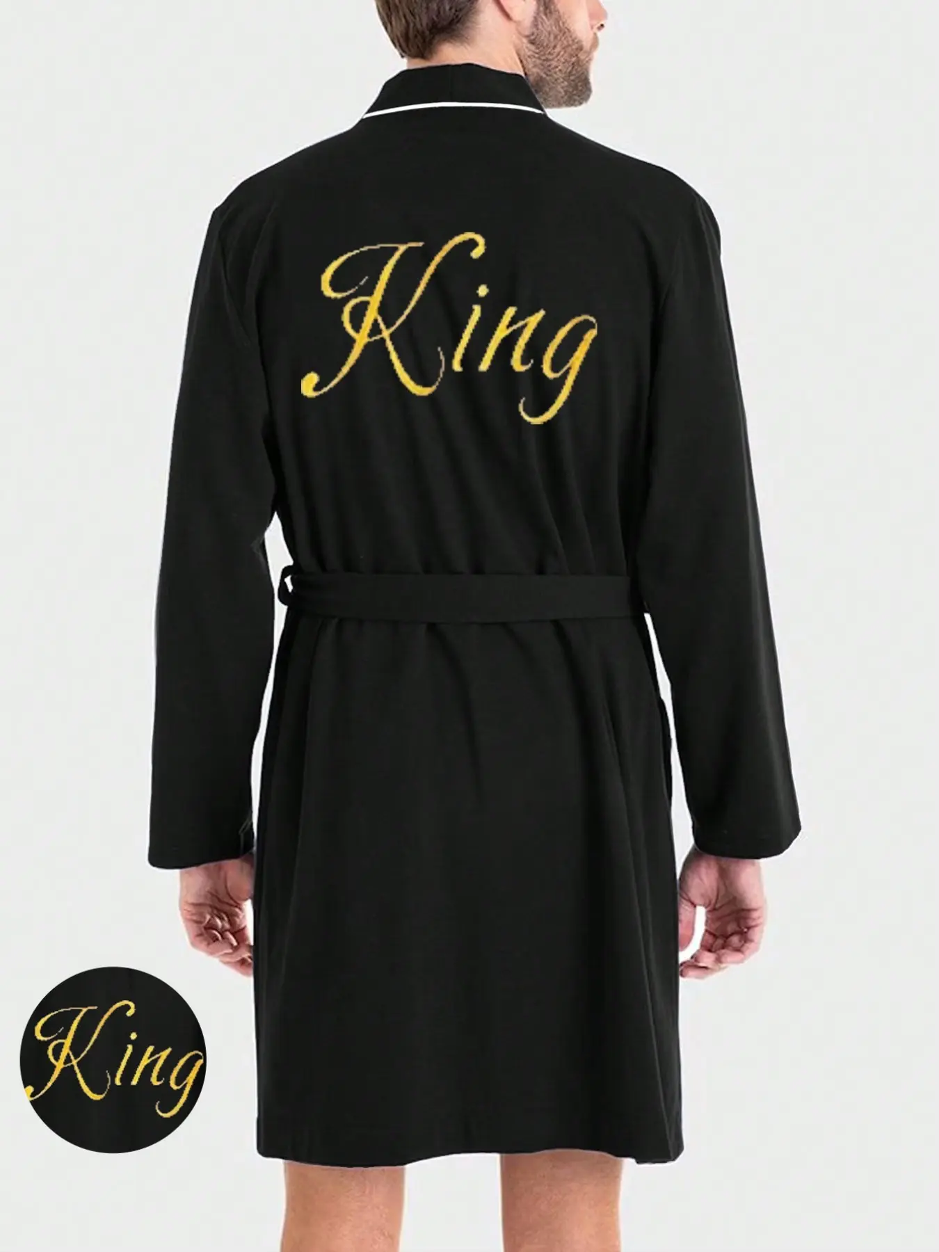 Men's Open Front Belted Robe with King Print, Casual Loose Long Sleeve Bathrobe, All Season Unisex Sleepwear Loungewear