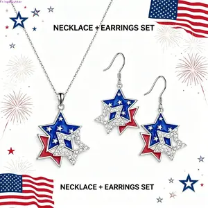 4th of July Patriotic Rhinestone Star Necklace Earrings Set for Women, American Flag Red White Blue Jewelry, Sparkly Independence Day Party Festival Outfit Accessory