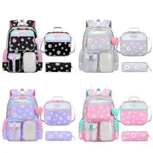 3-Piece Daisy Print School Student Backpack Set – Water-Resistant School Bag with Lunch Bag & Pencil Case for Girls