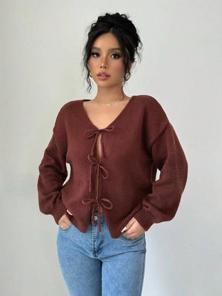 Women's Loose-Fit Shoulder Strap Sweater Cardigan, Solid Butterfly Knot Design, Casual Long Sleeve V Neck Knitwear for Spring & Fall