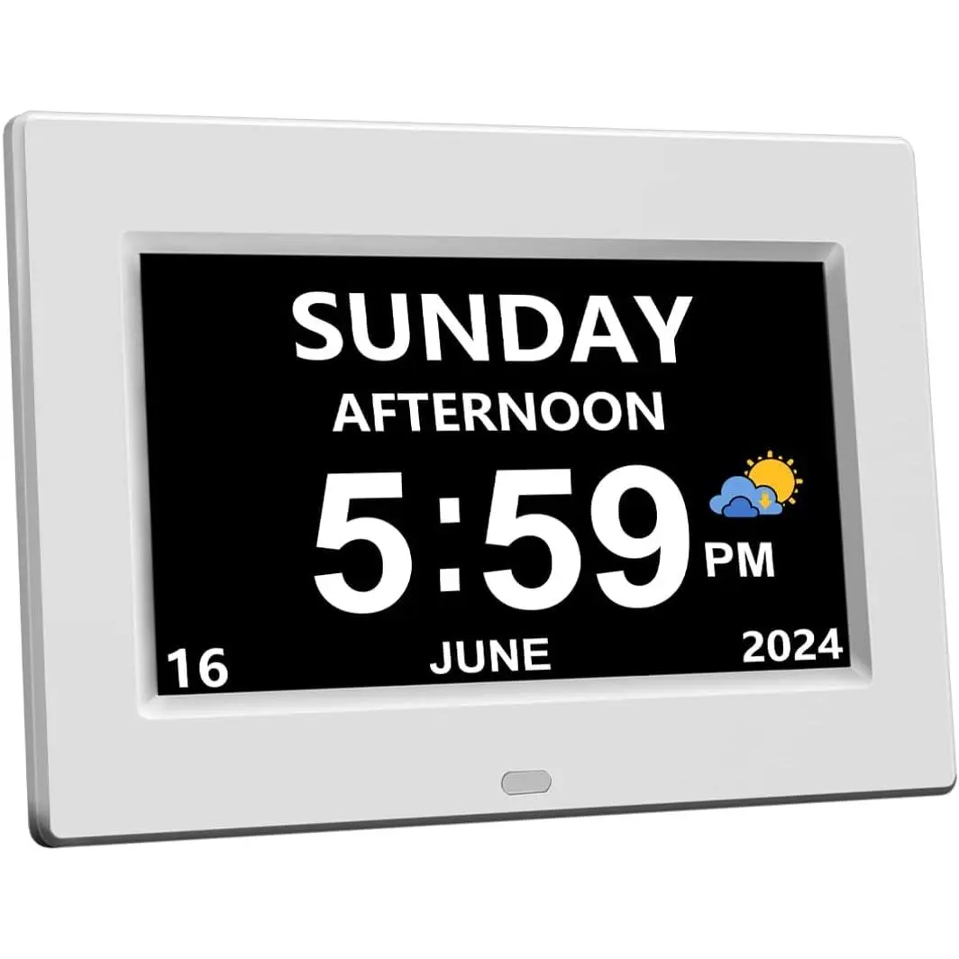 DST Digital Clock with Date and Day of Week for -12 Alarms  Reminder Dementia Alzheimers Clock Calendar with  Display No Power Adapter (7 inch White)