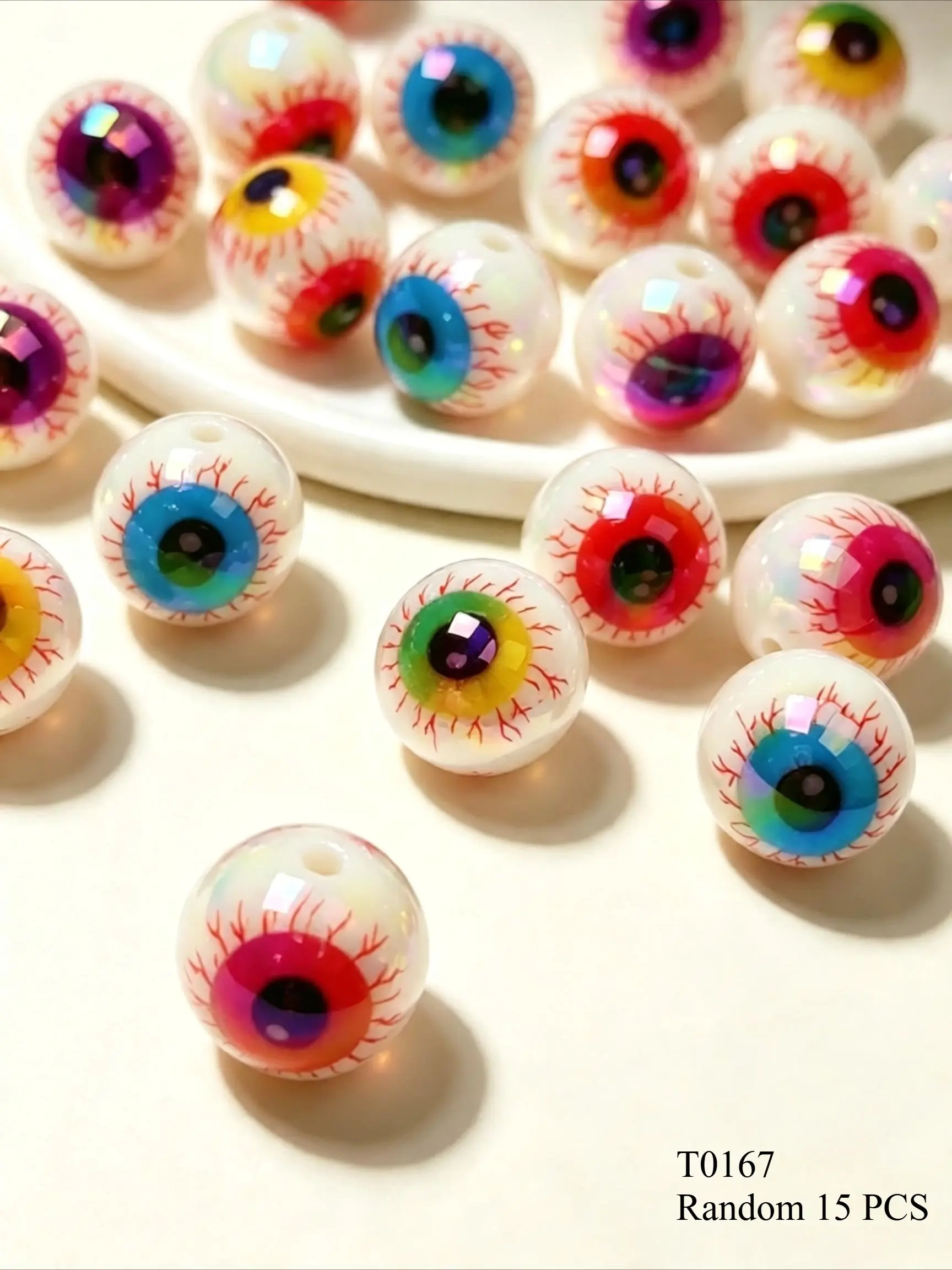 15 Acrylic 16mm Bloodshot Eye Beads, Multi-Color Horror Eye Print Loose Beads, Handmade Bracelet Necklace DIY Halloween Accessory