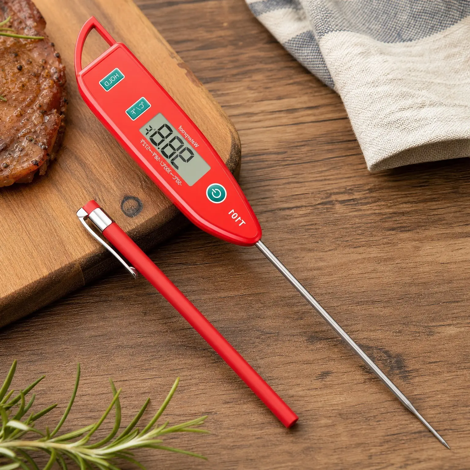 Digital Instant Read Food Thermometer with 5 inch Long Probe, IPX7 Waterproof for Meat, Cooking, BBQ, Water, Candle Making, Liquid - RedGift