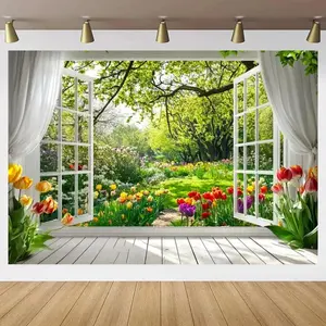 Spring Natural Flowers Garden Backdrop Party Background Cloth, Cherry Blossom Grassland Tapestry Wall Hanging Photography Background Premium Polyester Fabric, Birthday Party Decor, Garden Event Setup, Photo Studio Prop, Outdoor Celebration Background