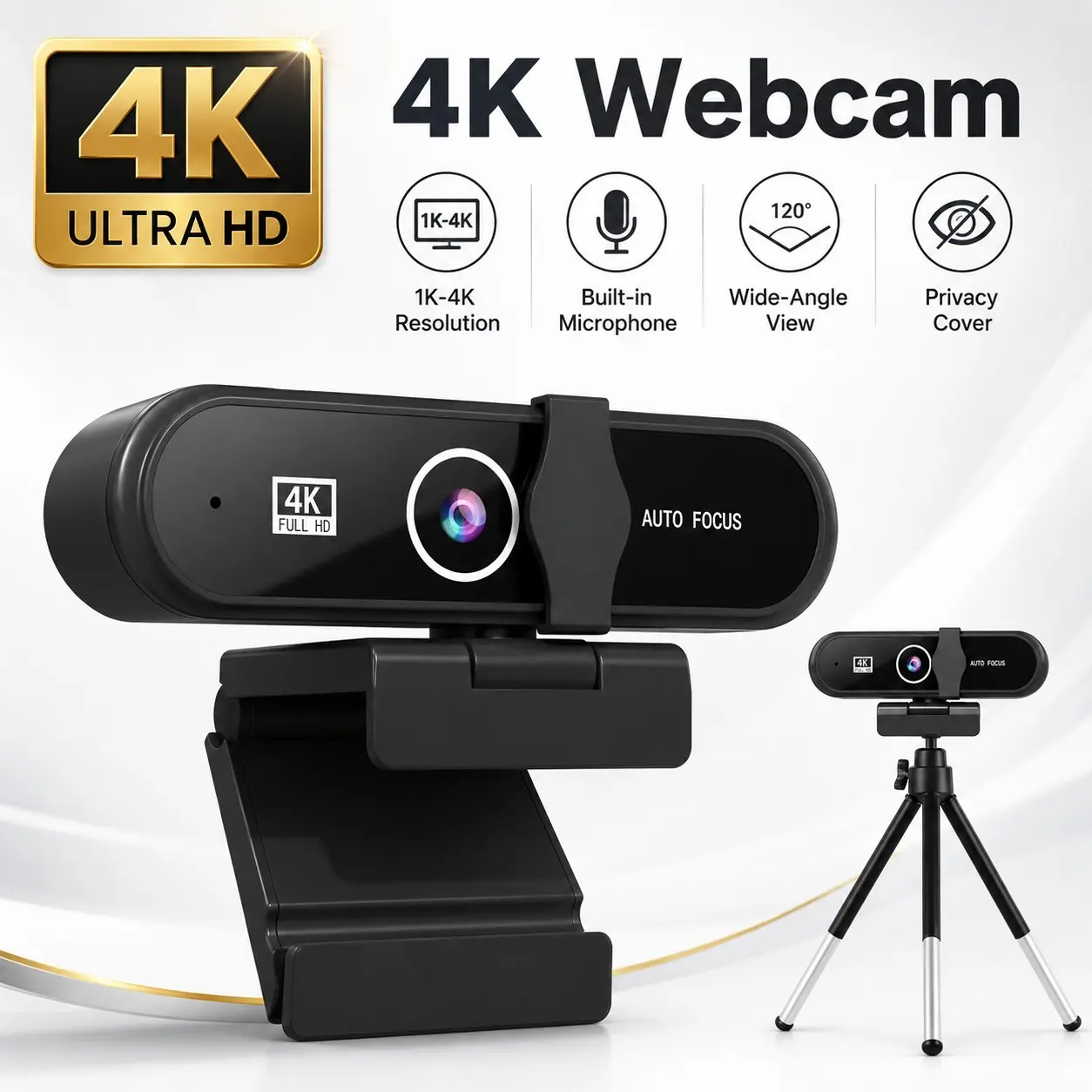 4K Ultra HD Webcam with Microphone, Auto Focus, 1080P/2k/4K Resolution, USB Plug and Play, Ideal for Video Calls, Gaming, Remote Work