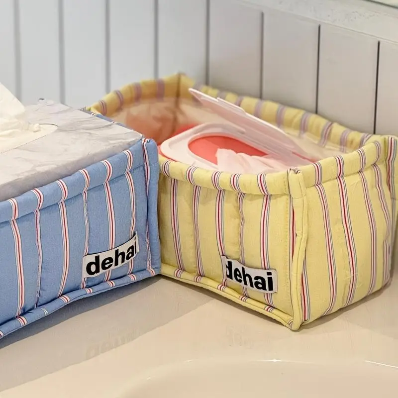 Storage Box/Fabric Striped Quilted Storage Basket/Home Organizer for Tissues, Books, and Sundries/Foldable for Easy Storage/Suitable for Office, Bathroom, Kitchen, and Bedroom Clutter Organization/Ideal for Storing Cosmetics
