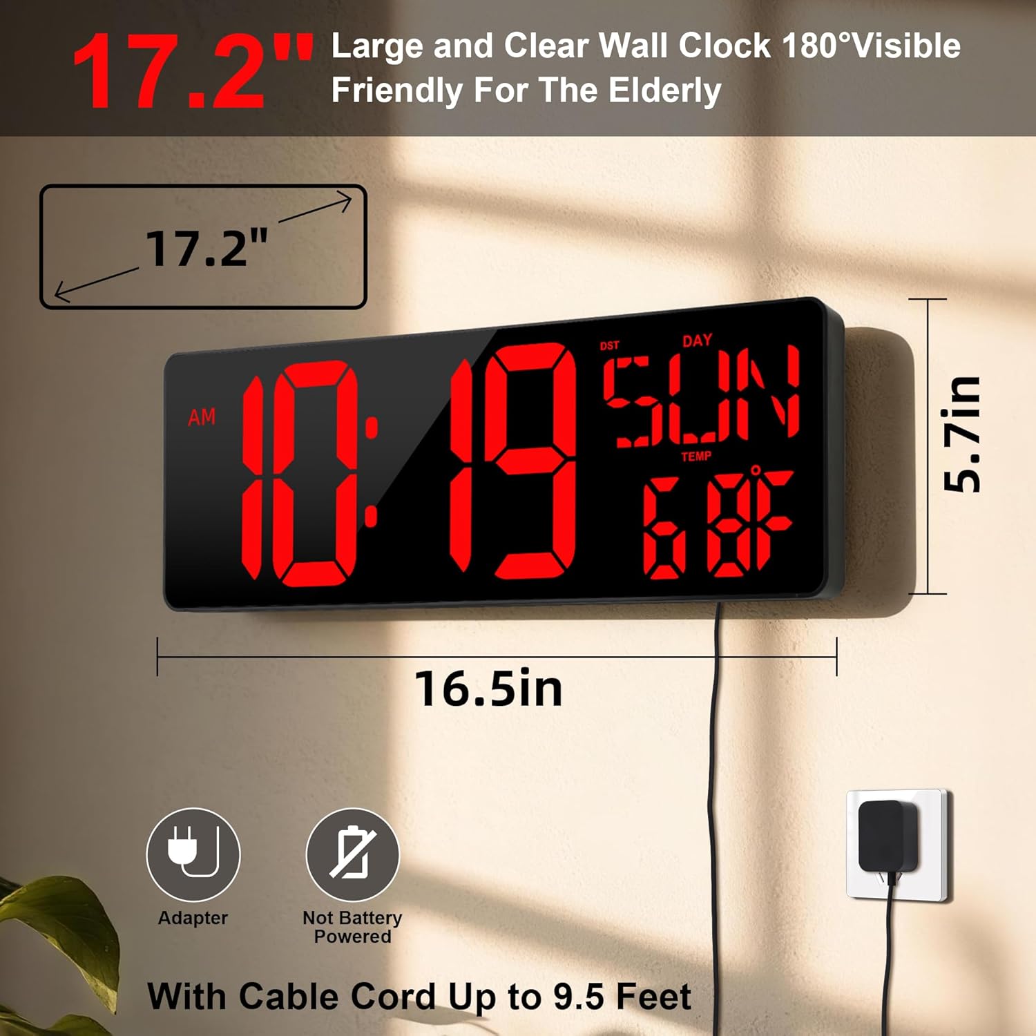 Large Digital Wall Clock with Remote Control 17.2" LED Large Display Timer with Temperature Date Week Auto DST Adjustable Brightness, Big Wall  Clock for Living Room Office Garage Gym Seniors