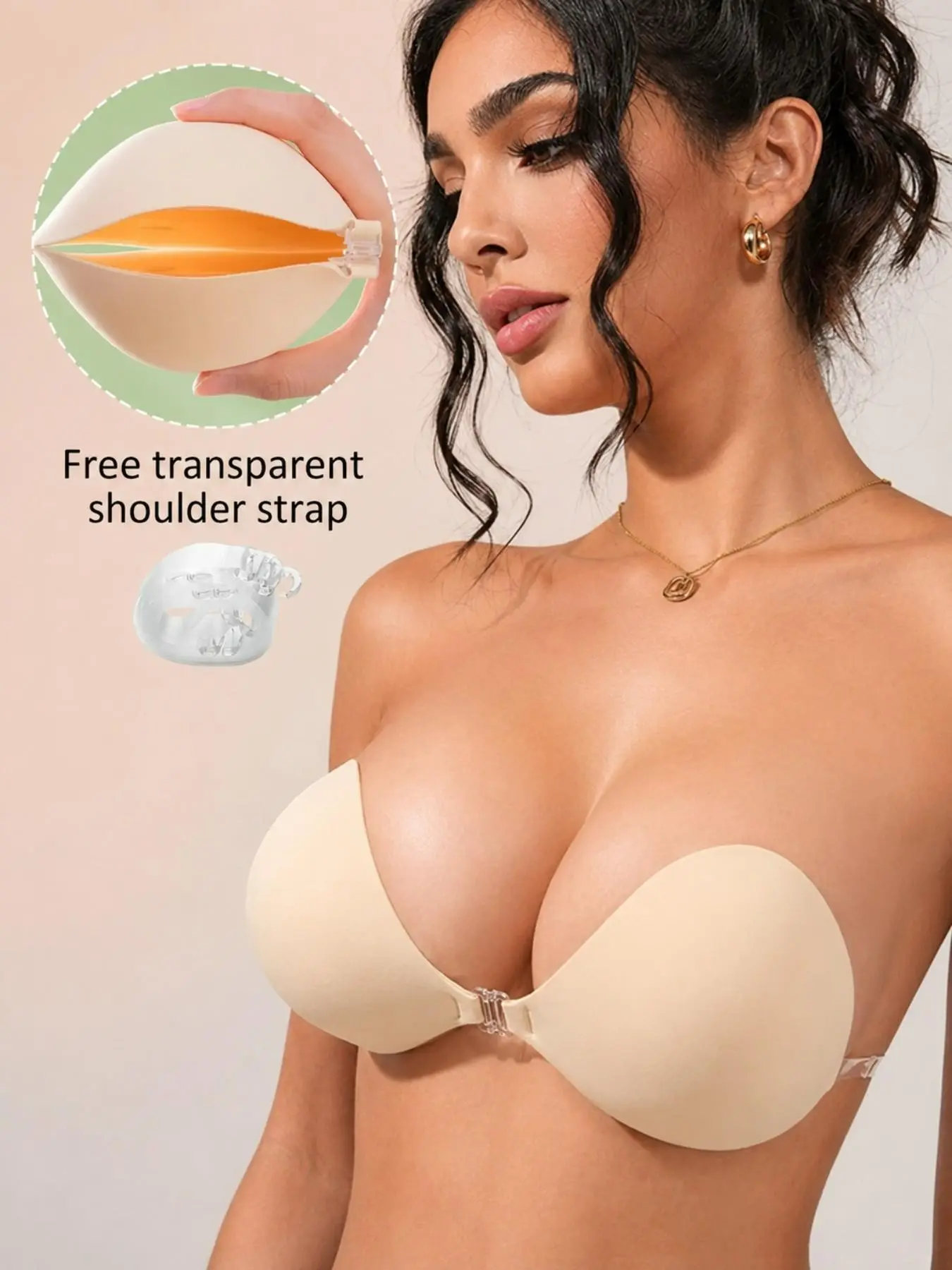 1.97-Inch Extra Thick Padded Invisible Bra for Women, Strapless Backless Bra with Front Clasp and Detachable Clear Straps, Smooth Deep Plunge Design for Bridal Dresses, Evening Gowns and Formal Wear