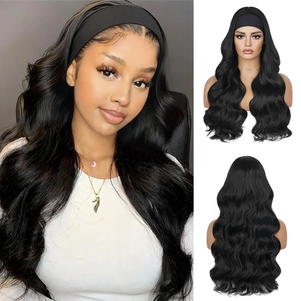 Wave Headband Wig - Long Black Loose Wavy Headband Wigs for Women, Soft Synthetic Wear & Go Glueless Wigs,Fashion-Forward Look, Ideal for Special Occasions & Daily Wear Black2, 22in