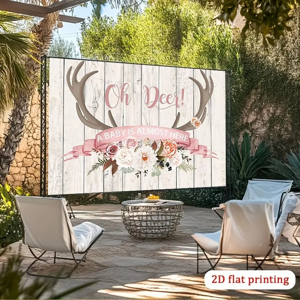2D Flat - 2D Flat - [ for Party Backdrop] 2D Flat Banner, 1pc Oh Deer! A Is Almost Here Pink Flowers Antlers Wooden Polyester Backdrop, for Party Decor Farm, Garden, Home, Room, Club, No Electricity, This Is a