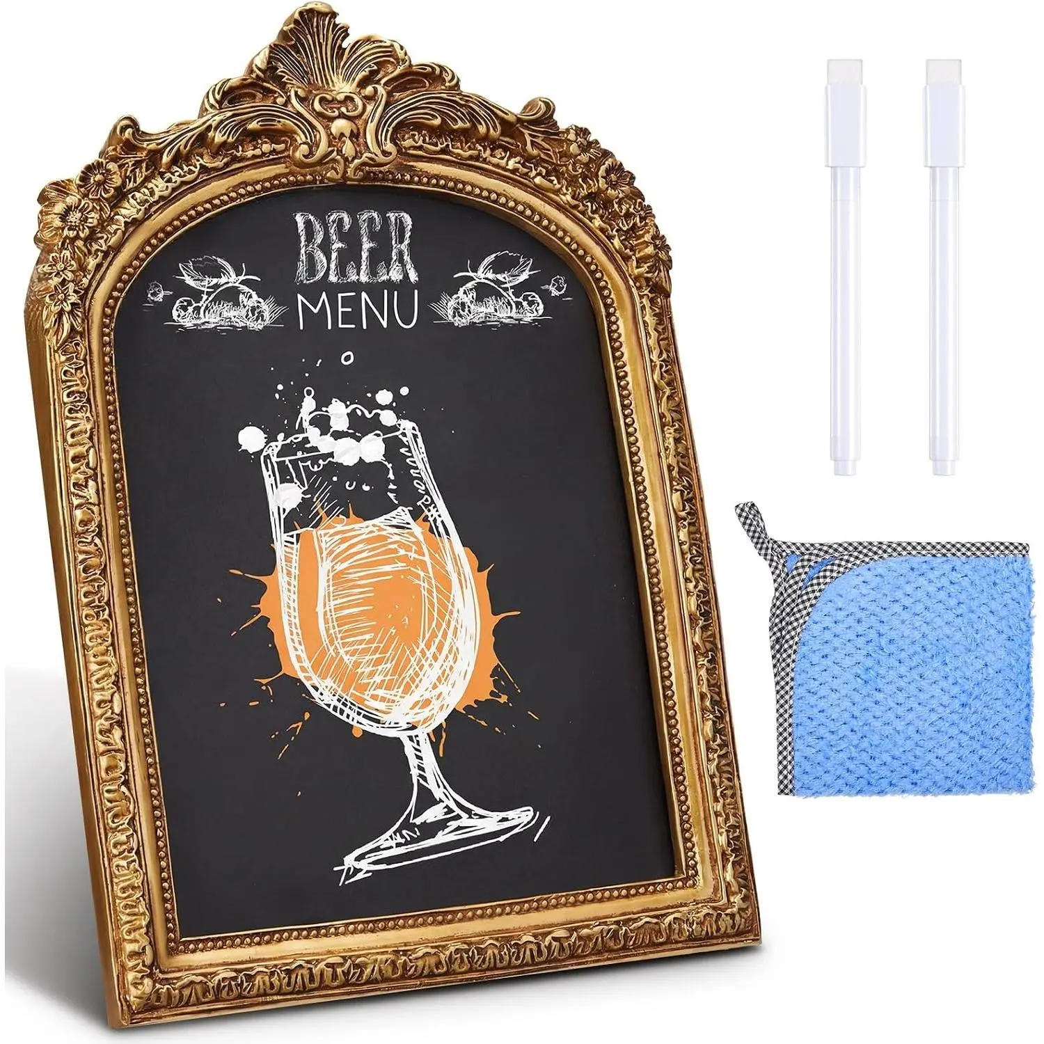 1 Pack Framed Tabletop Chalkboard Sign, Rustic Frame, Hanging Chalkboard, Menu Board for Cafes Restaurant Wedding Countertop with 2 Erasable Pen and 1 Cloth (7 x 10 in,Arch)