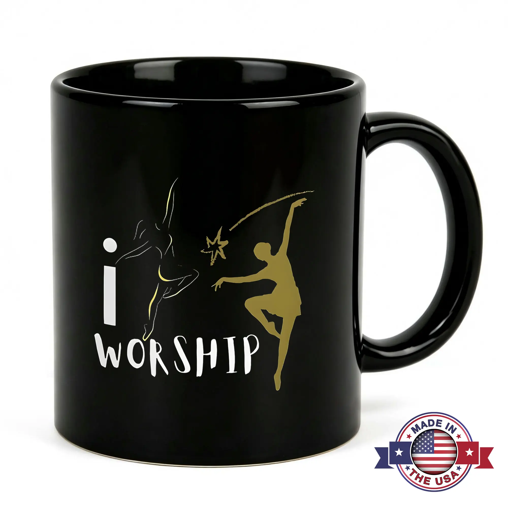 I Worship Ballet Dancer Coffee Mug 11oz Black Ceramic Elegant Figure Skating Gymnastics Silhouette Cup Novelty Gift for Women Teen Girls Ballerina Dance Teacher Coach Recital Present Studio Decor Inspirational Art Gold Color Graphic