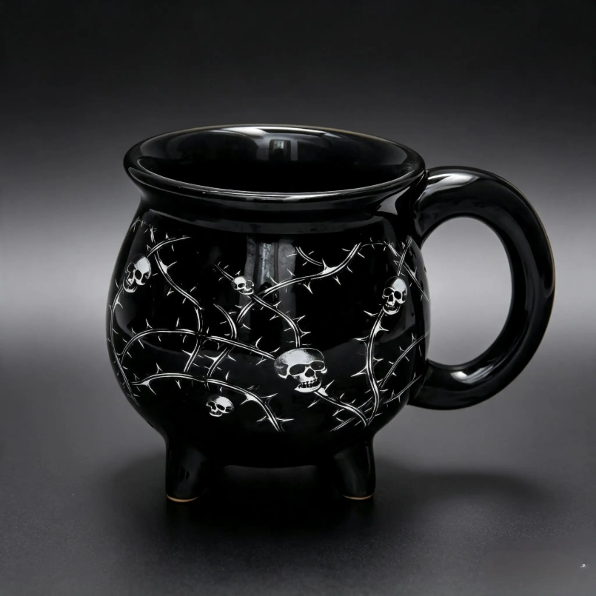 Gothic Thorn Skull Magic Cauldron Ceramic Mug, Coffee Cup Halloween Dark Witch Four-Legged Water Cup, Unique Gothic Style Drinkware