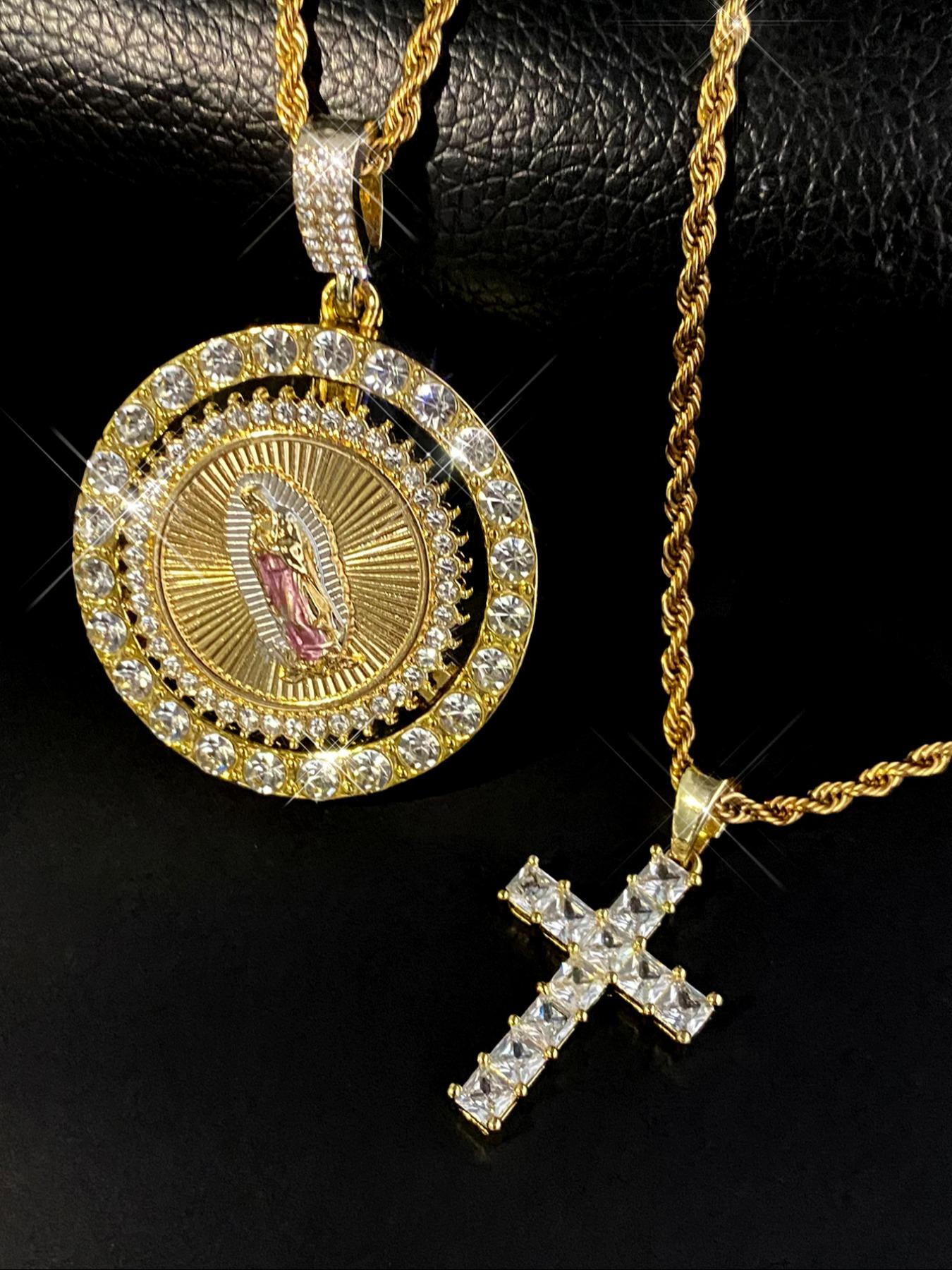 Virgin Mary Pendant Rope Chain & Cross Pendant Necklace, Rhinestone Decor Layered Necklace, Fashion Jewelry Accessories for Women & Men, Cross Necklaces