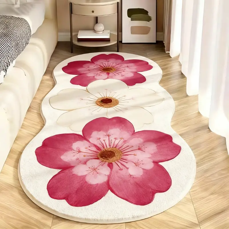 Pink and white peach blossom gourd special-shaped strip bedroom bedside carpet cherry blossom cream wind bay window anti-slip washable floor mat three large flowers dressing table plush carpet spring healing bathtub area entry door carpet
