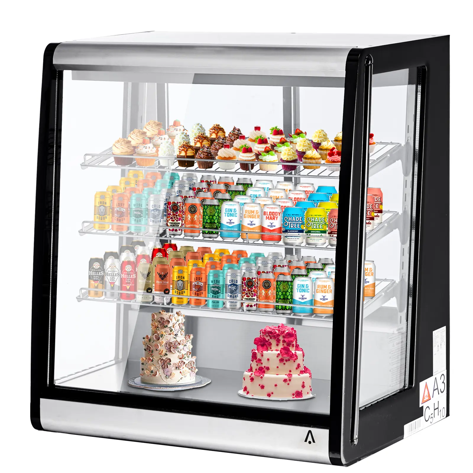 Commercial Refrigerated Display Case 196L – Double-Layer Tempered Glass, LED Lighting, Adjustable Shelves, Rear Sliding Doors, Energy Efficient Food & Beverage Cooler for Bakery, Café, Restaurant, Store – Black