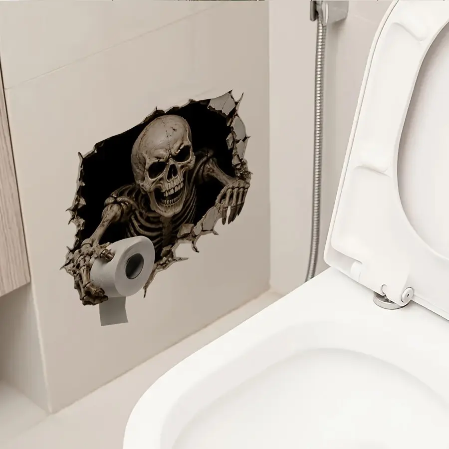 Self-Adhesive Removable PVC Horror Skull Bathroom Sticker, Spooky Fun Wall Decor for Toilet Tank, Halloween & Party Decoration, Bathroom Accessories