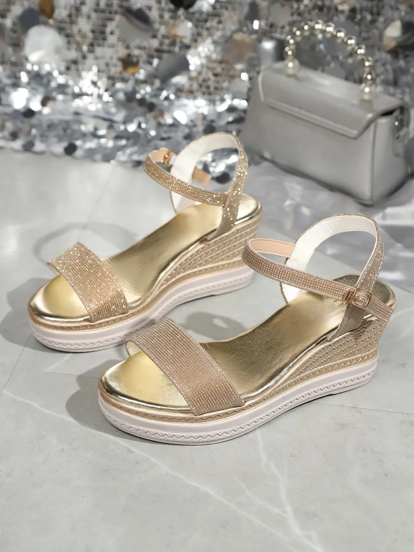 Women Rhinestone Single Strap Open Toe Adjustable Ankle Strap Espadrille Platform Wedge Sandals, Non-Slip Cushioned Summer Dressy Wedges, Wedding Vacation Beach Evening Footwear, 1 Color Gold