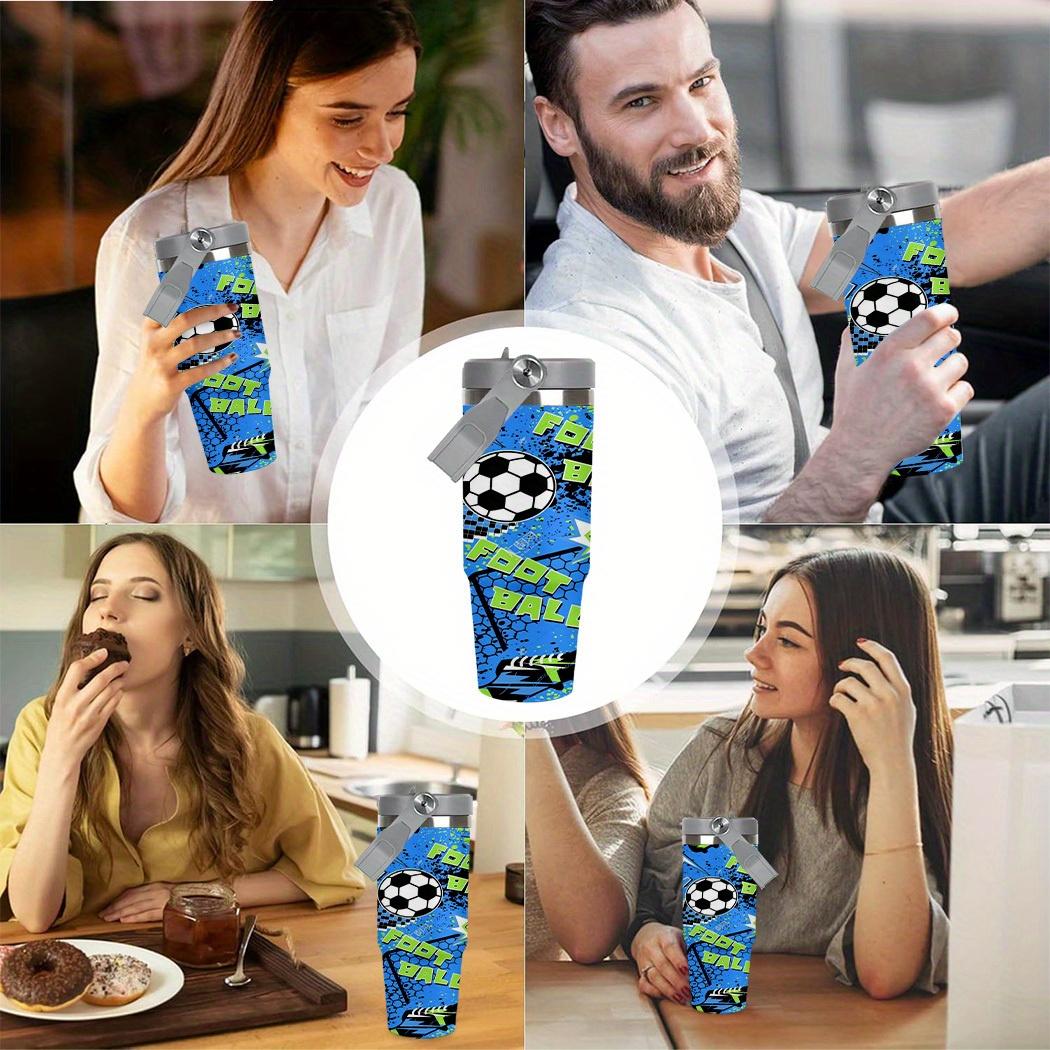 1 30Oz stainless steel football thermos cup with lid and straw, bright football design, large capacity, durable 304 stainless steel, the perfect gift for sports fans, suitable for home, travel, outdoor, summer and winter use