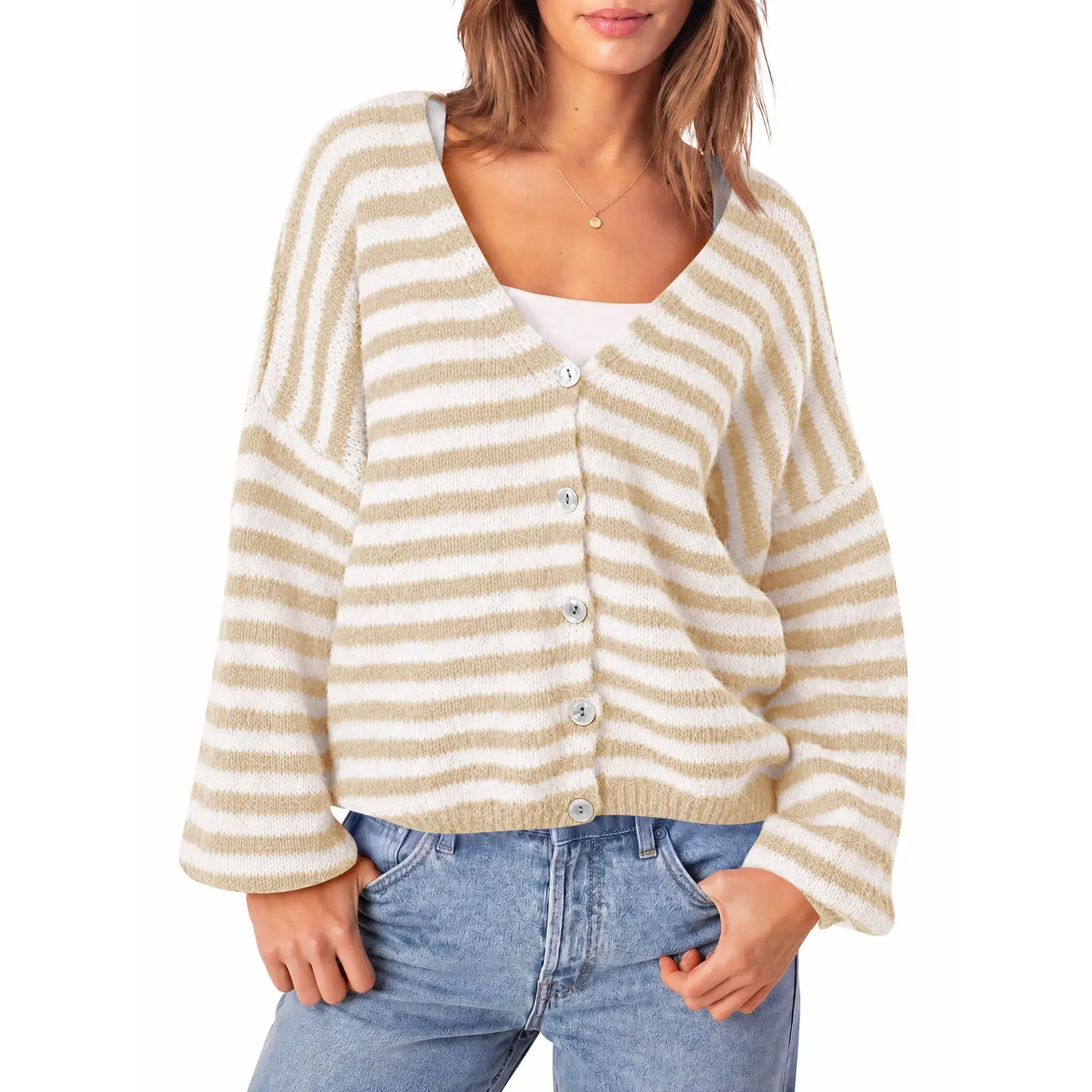 Saodimallsu Womens Oversized Striped Cardigan Fall Trendy V Neck Sweaters