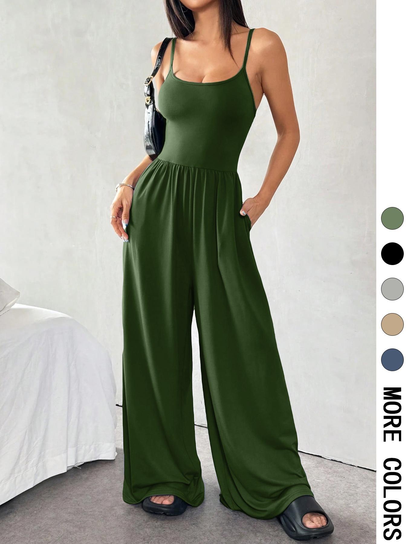Women's Solid Color Cami Jumpsuit, Casual Comfy Wide Leg Jumpsuit for Summer, Women's Jumpsuit for Daily Wear