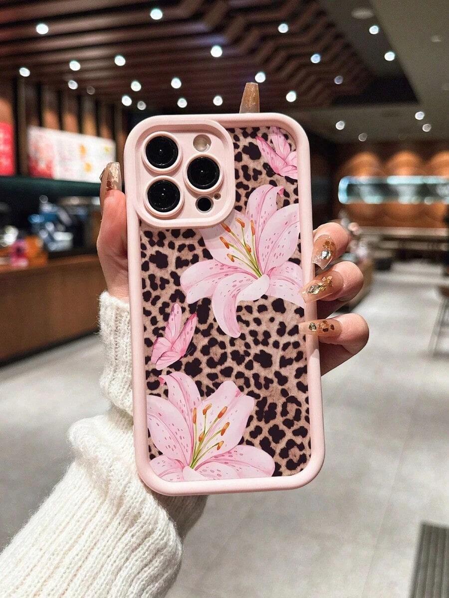 Cute Pink Lily Flower & Leopard Print Case for iPhone 17 Pro Max 16 16e 15 14 Plus 13 12 Mini 11 Air X XS Pattern Soft TPU Rubber Camera Protection Rugged Mobile Phone Cover Gift 2D printing Cellphone Protective