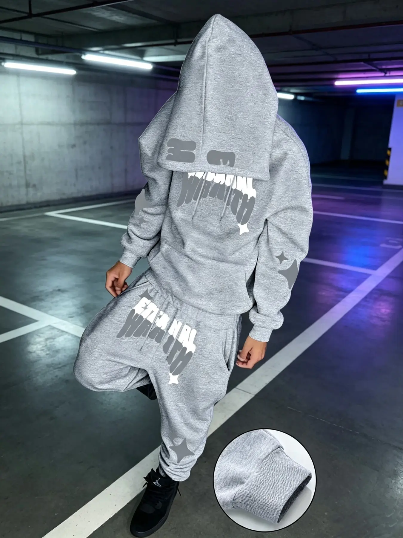 Men's Fall Winter Y2K Street Graffiti Style Star Letter Print Hoodie Set, Trendy and Artistic, Perfect for Casual Wear, Knit Clothing Sets