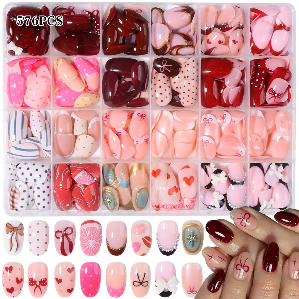 576 Pieces Short Square Fake Nails, 3D Butterfly Heart Polka Dot Stripes, Wine Mix, Easy Wear Nail Art for Women Girls