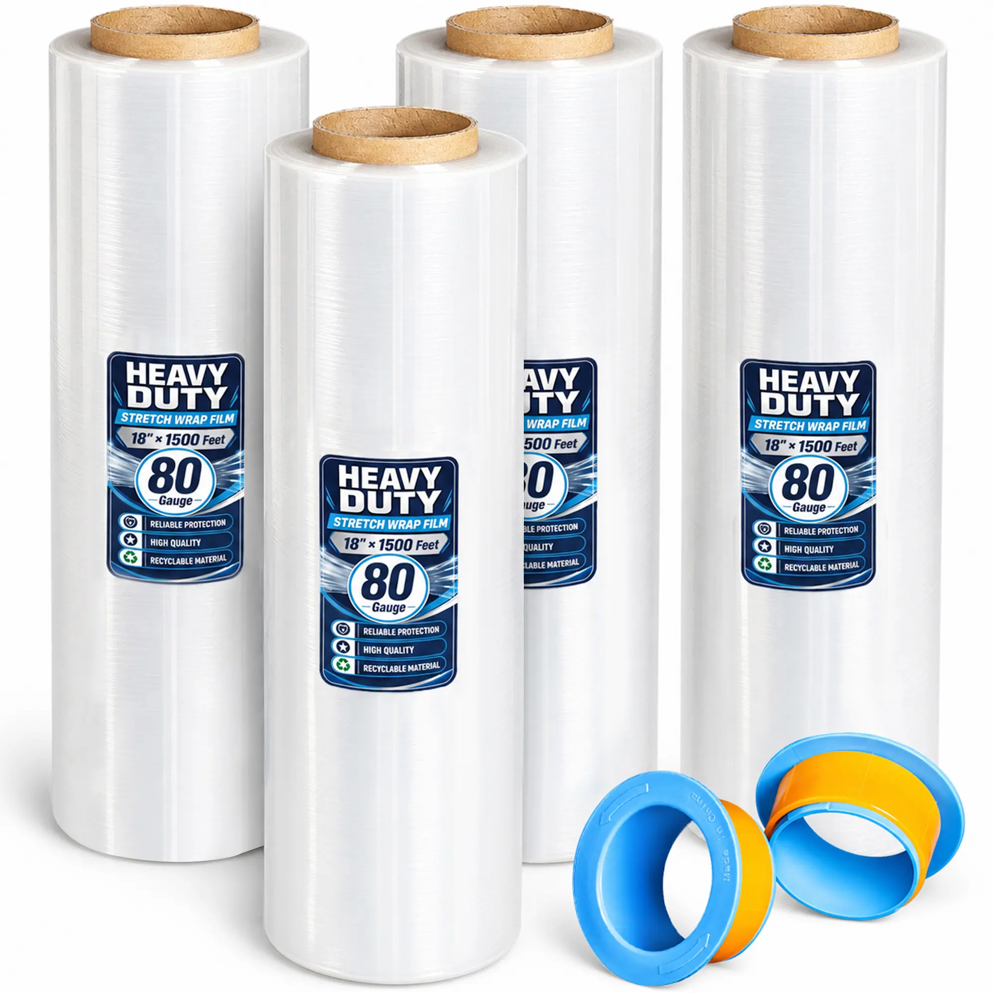 Nokaa Heavy Duty Stretch Wrap Film Roll 4-Pack, 18in Wide, 1500ft Long, 80 Gauge Plastic Wrap with Handles for Pallet Wrapping, Shipping Supplies (Industrial Strength), 4Pack/18In