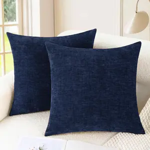 Throw Pillow Covers Decorative 18 X 18 Inches Pack of 2 Cozy Chenille Cushion Cases for Couch Sofa Bed Living Room Home Navy Blue