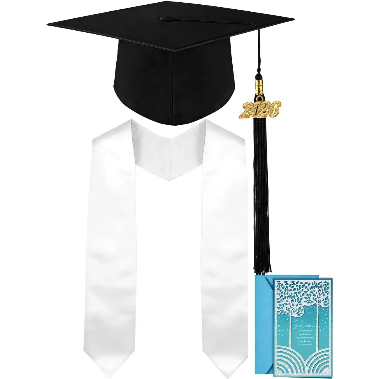 Graduation Cap, White Stole & Graduation Card Set - Adjustable Cap with 2026 Tassel for High School & Bachelor