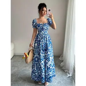 Gugu Printed Puff Sleeve Front Tie Waist Back Hollow Out Long Elegant Dress Vacation Dating Wear Refined Elegant