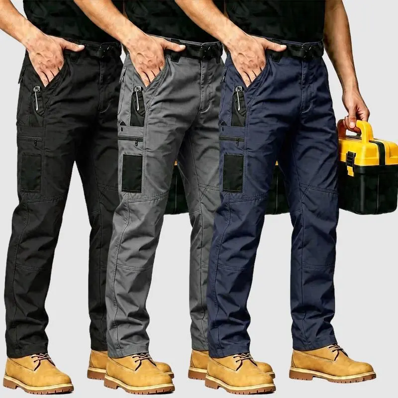 Men's Solid Color Waterproof Tactical Work Pants - 3-Piece Set, Belt-Free, Multi-Pocket, Durable Outdoor Hiking & Casual Pants (Regular Fit)hiking pants、trekking pants、hiking trousers、trail pants、outdoor hiking pants