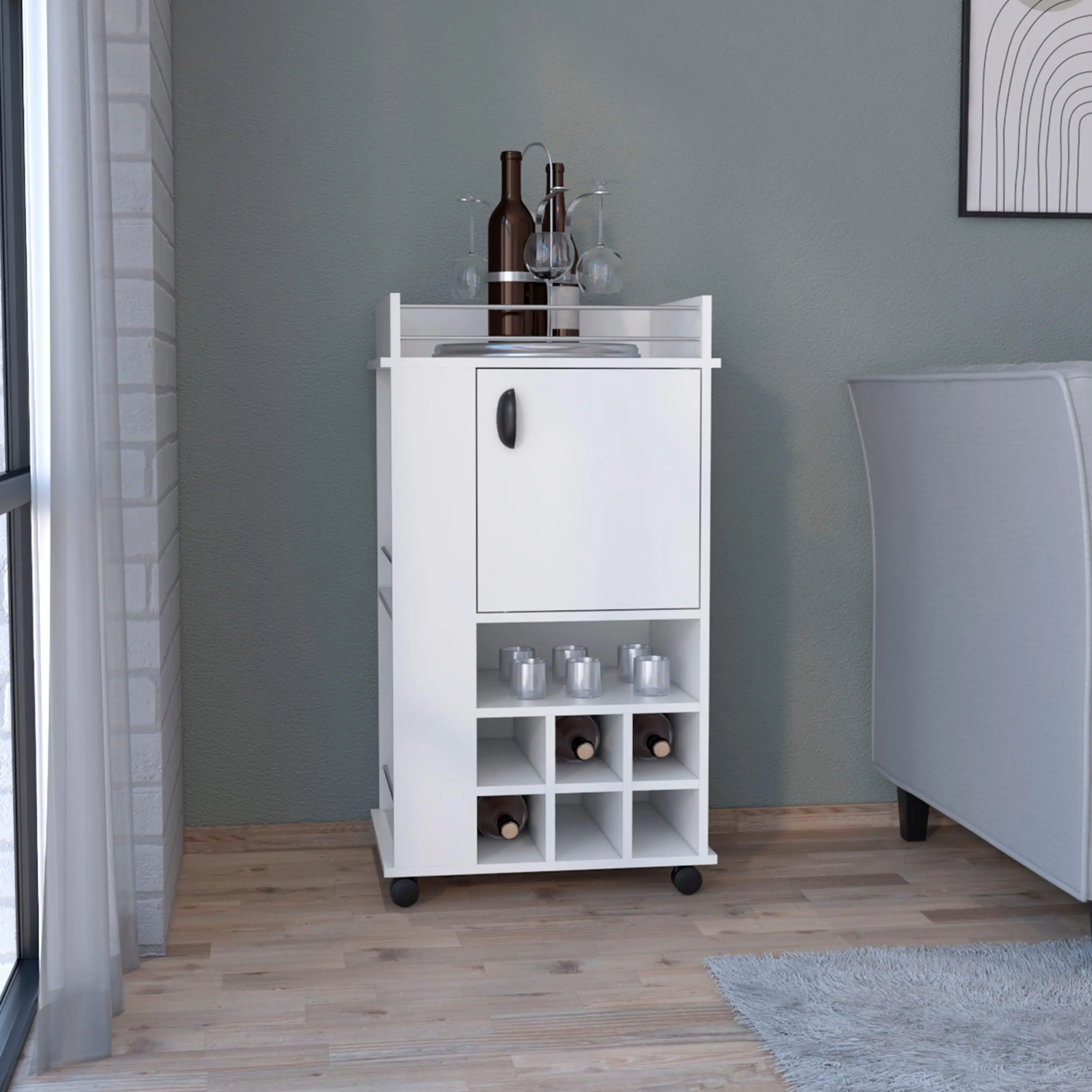 White Rolling Bar Cart with Built-In Wine Rack for 6 Bottles and Casters, Kitchen Dining Room Serving and Storage Cart