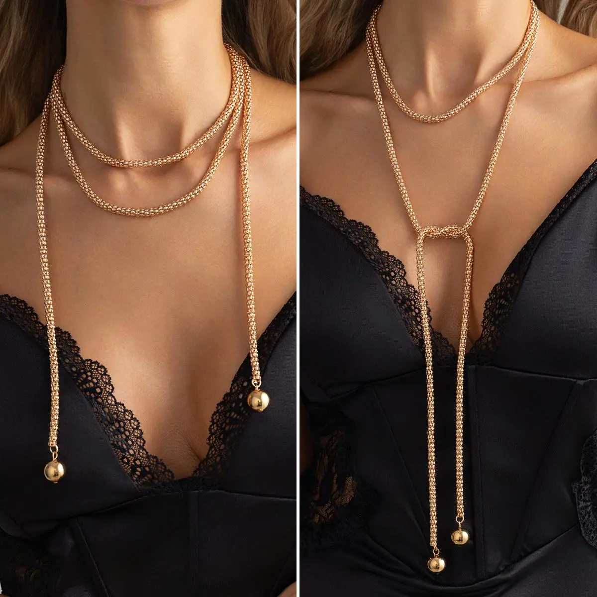Viral Multi-Way Gold-Tone Lariat Necklace, Long Rope Mesh Chain with Ball Charm, Baddie Aesthetic Main Character Energy Chain Jewelry Necklaces