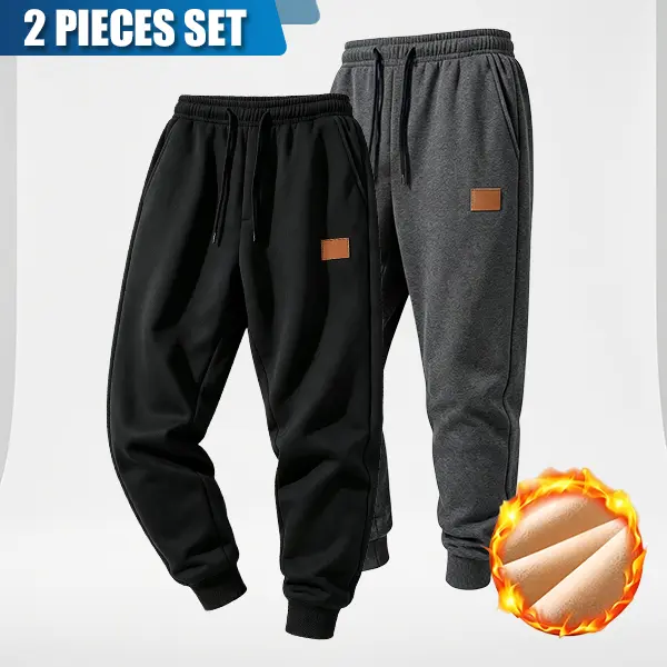 Men 2 pieces fleece lined jogger pants multi color option extra warm plush inner fabric leather patch decor drawstring elastic waist ribbed cuffs relaxed tapered sweat trousers for cold season daily outdoor casual winter wear