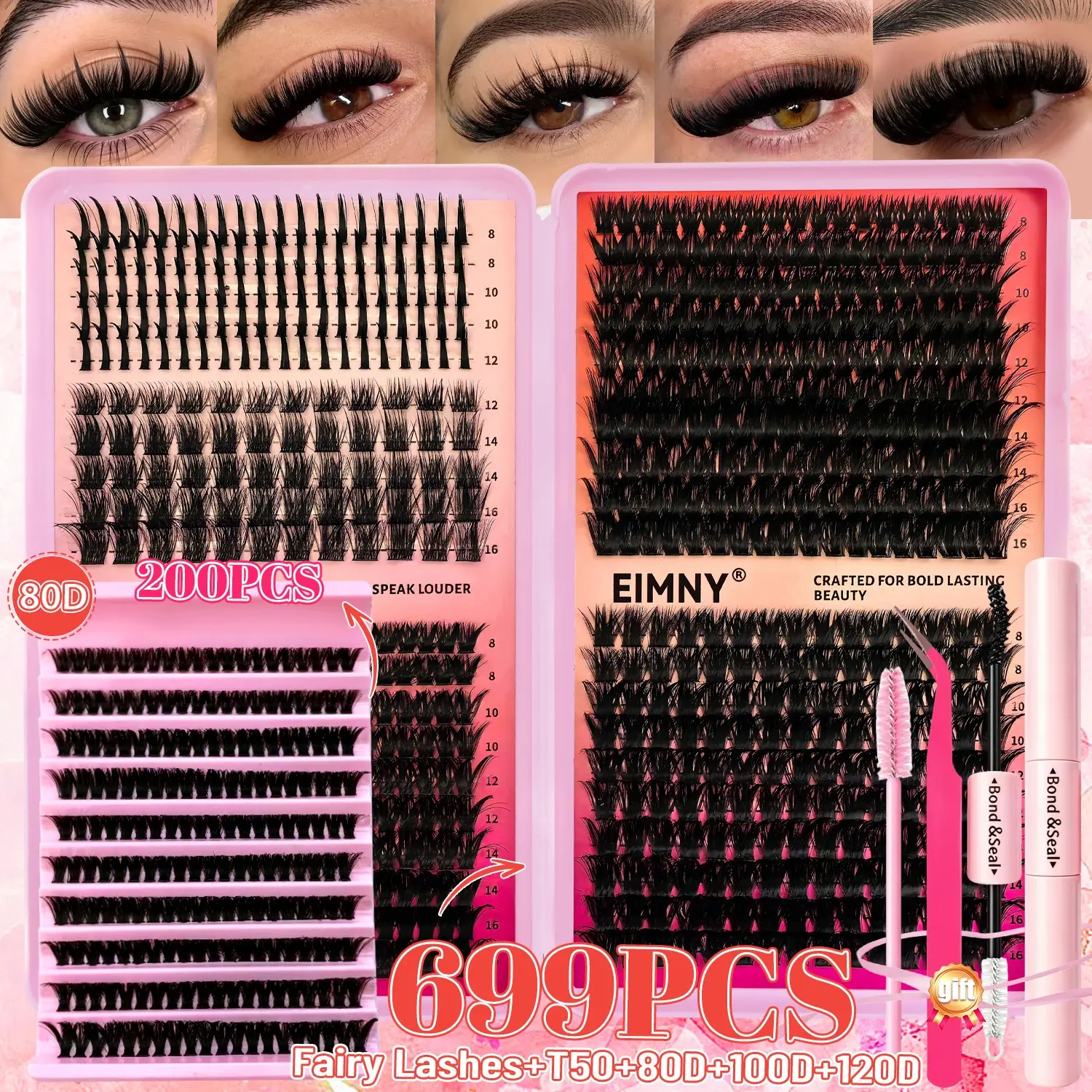 699/200 Clusters Eyelash Kit, Volume Eyelash Clusters, 2-in-1 Lash Bond, Tweezers & Mascara Wands | Spiky Lashes T50+80D+100D+120D | 8-16mm Mixed Lengths | Reusable Synthetic Cluster Lashes for Beginners | Perfect for Holiday, Christmas Makeup