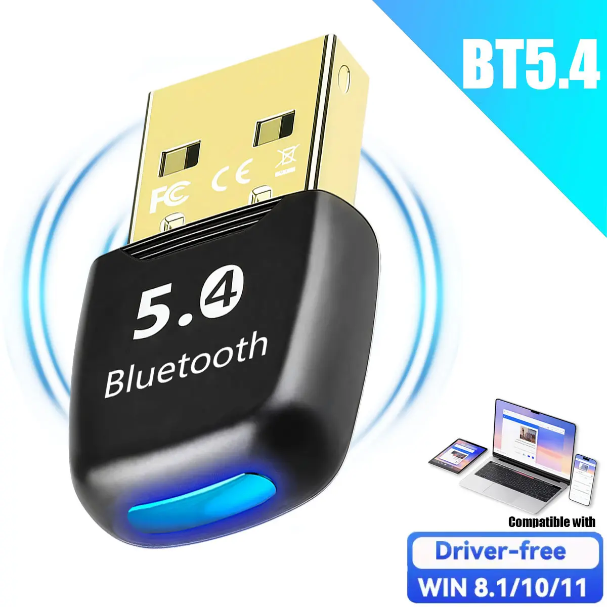 USB Bluetooth Adapter 5.4，Cordless Usb Interface Wireless Dongle Receiver for PC Laptop，Plug and Play Windows 11/10/8.1，Compatible with Headphones Keyboard Mouse Speakers Printer