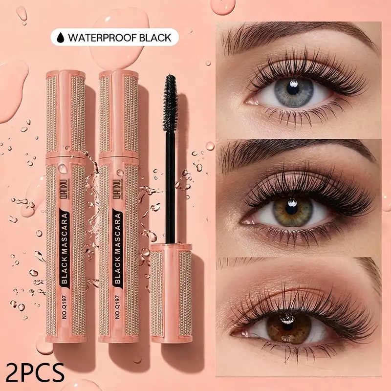 2PCS Rhinestone Tube Black Mascara, Waterproof Sweatproof 24H Smudge-Proof Mascara, Volumizing Lengthening Curling Non-Clumping Mascara, Long Lasting Eye Makeup for Daily Party, Women Cosmetic Gift