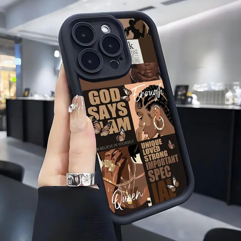 God Says I Am Enough Aesthetic Black Queen Collage Phone Case |   Positive Affirmations Brown Skin Girl Protective Case For iPhone17Promax 16 15 14 13 12 11 pro All Models, Motivational Self Love Butterfly Design Soft Shockproof Cover Gift For Black Women