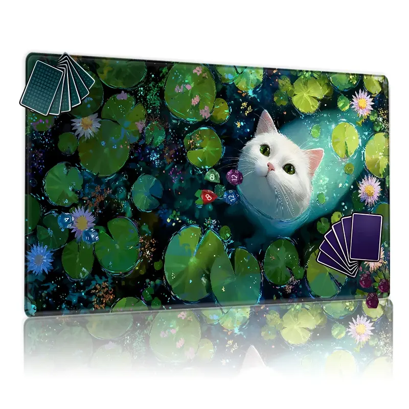 Enchanted White Cat Water Lily Magic Playmat - 12x24in Non-Slip TCG MTG Game Mat, Ideal for Card Game Lovers Party Family Gathering Gift, Magical Blue Glow & Aquatic Plants Design