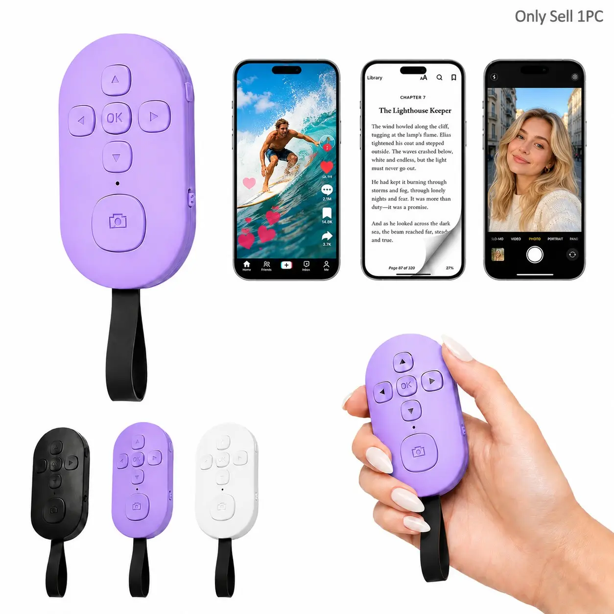 TikTok Scrolling Bluetooth Remote Control, Wireless Phone Clicker with eBook Page Turner, Volume Control, Selfie Camera Shutter, Play Pause for iPhone Android Smartphones