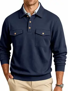 Men's Outdoor Casual Retro Workwear Loose Polo Long Sleeve Sweatshirt, Fall Season Plain Surface Clothing, Comfortable and Stylish