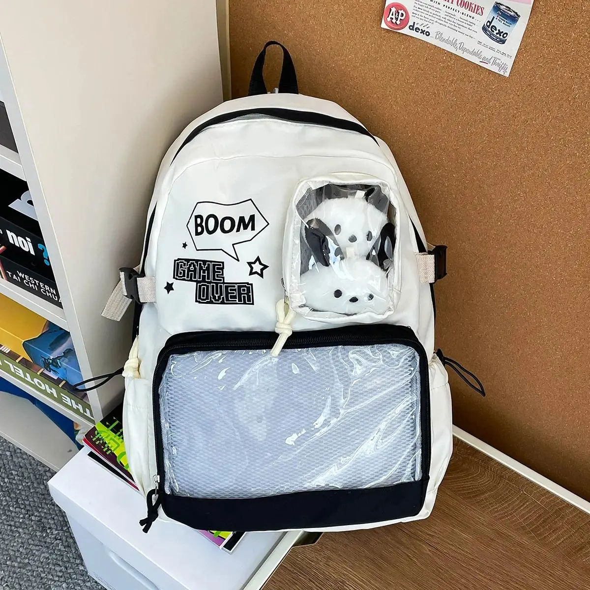 Black White Contrast Clear Ita Backpack For Students 2026 New Multi‑pocket Transparent Front Bag With Cartoon Doll Decoration